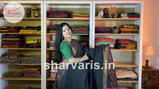 Black and Fuchsia Pink Tripura Silk Saree with Pochampally Borders