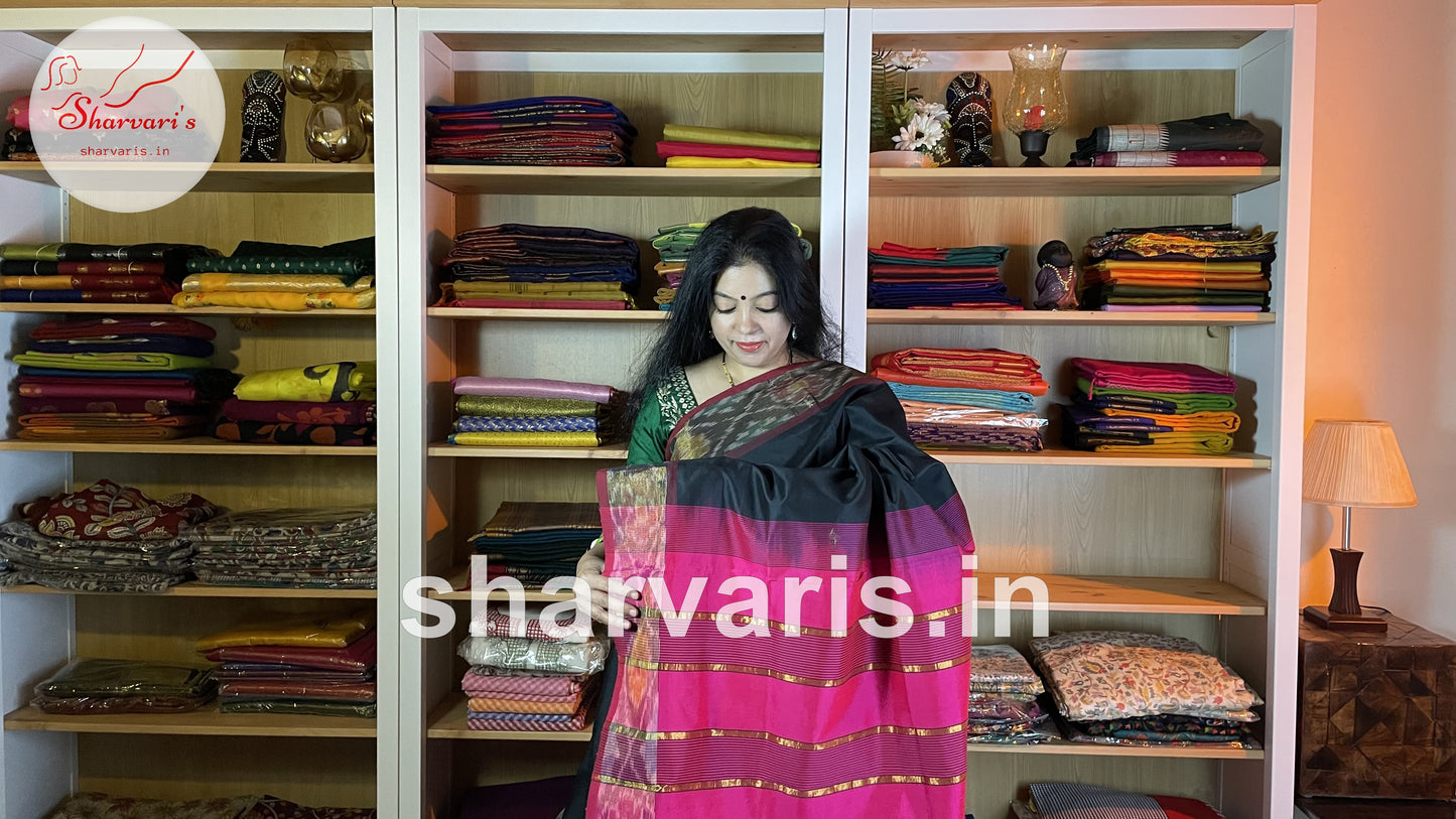 Black and Fuchsia Pink Tripura Silk Saree with Pochampally Borders