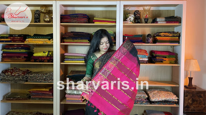 Black and Fuchsia Pink Tripura Silk Saree with Pochampally Borders