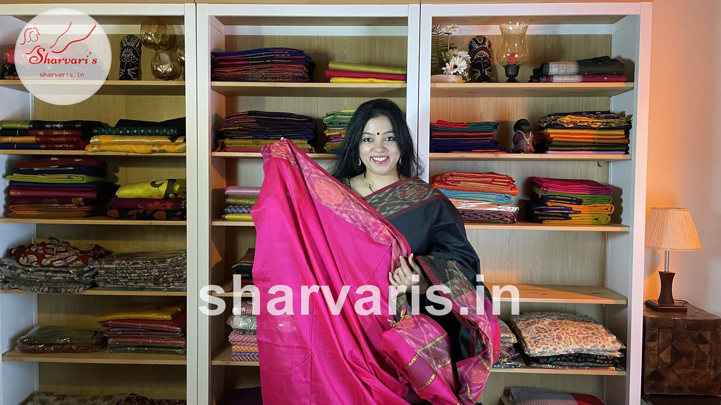 Black and Fuchsia Pink Tripura Silk Saree with Pochampally Borders