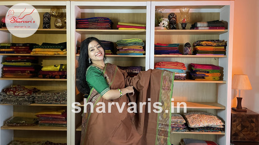 Russet Brown and Pista Green Tripura Silk Cotton Saree with Pochampally Borders