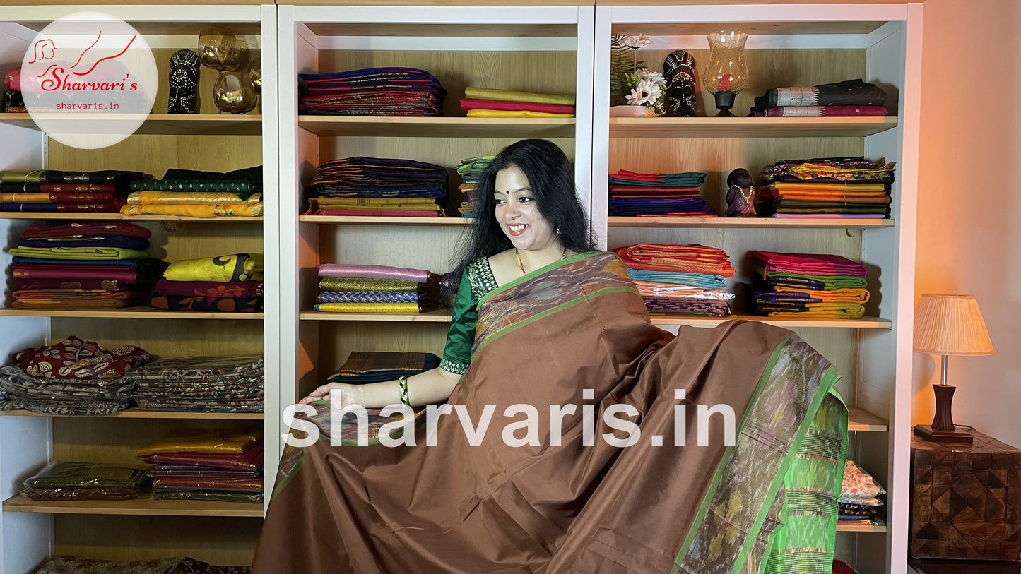 Russet Brown and Pista Green Tripura Silk Cotton Saree with Pochampally Borders