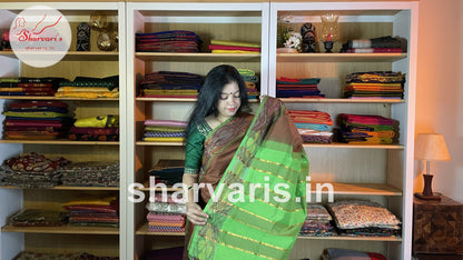 Russet Brown and Pista Green Tripura Silk Cotton Saree with Pochampally Borders