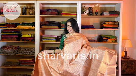 Peachish White Pure Kanchipuram Silk Saree with Trendy Weaving Patterns