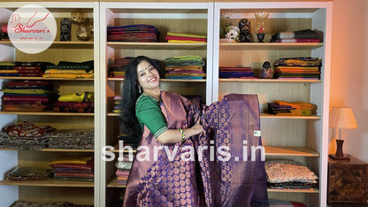 Dark Purple Kanchipuram Silk Saree with Innovative Designs and Pure Zari