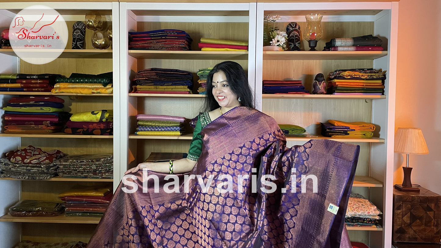 Dark Purple Kanchipuram Silk Saree with Innovative Designs and Pure Zari