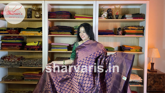 Dark Purple Kanchipuram Silk Saree with Innovative Designs and Pure Zari