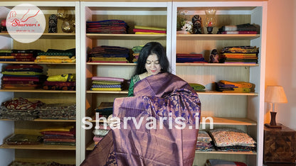 Dark Purple Kanchipuram Silk Saree with Innovative Designs and Pure Zari