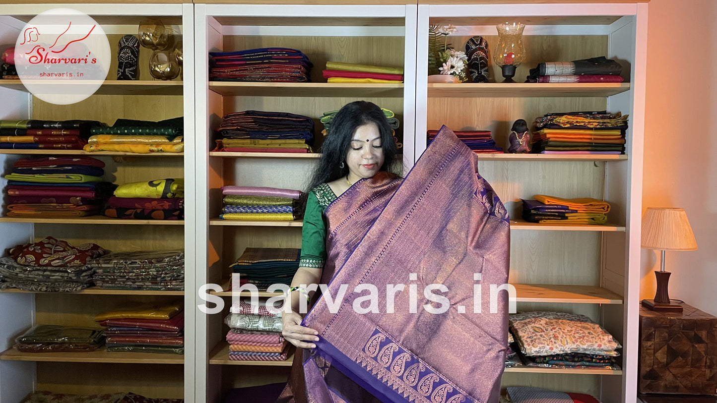 Dark Purple Kanchipuram Silk Saree with Innovative Designs and Pure Zari