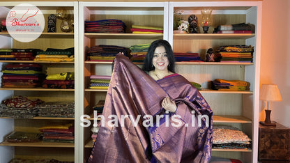 Dark Purple Kanchipuram Silk Saree with Innovative Designs and Pure Zari