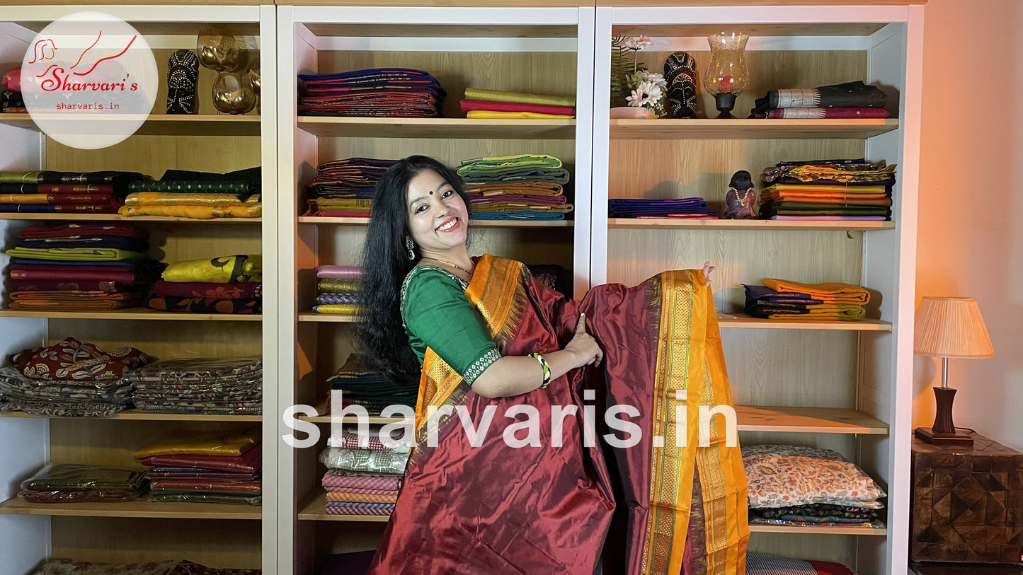 Maroon and Yellow Pure Gadwal Silk Saree