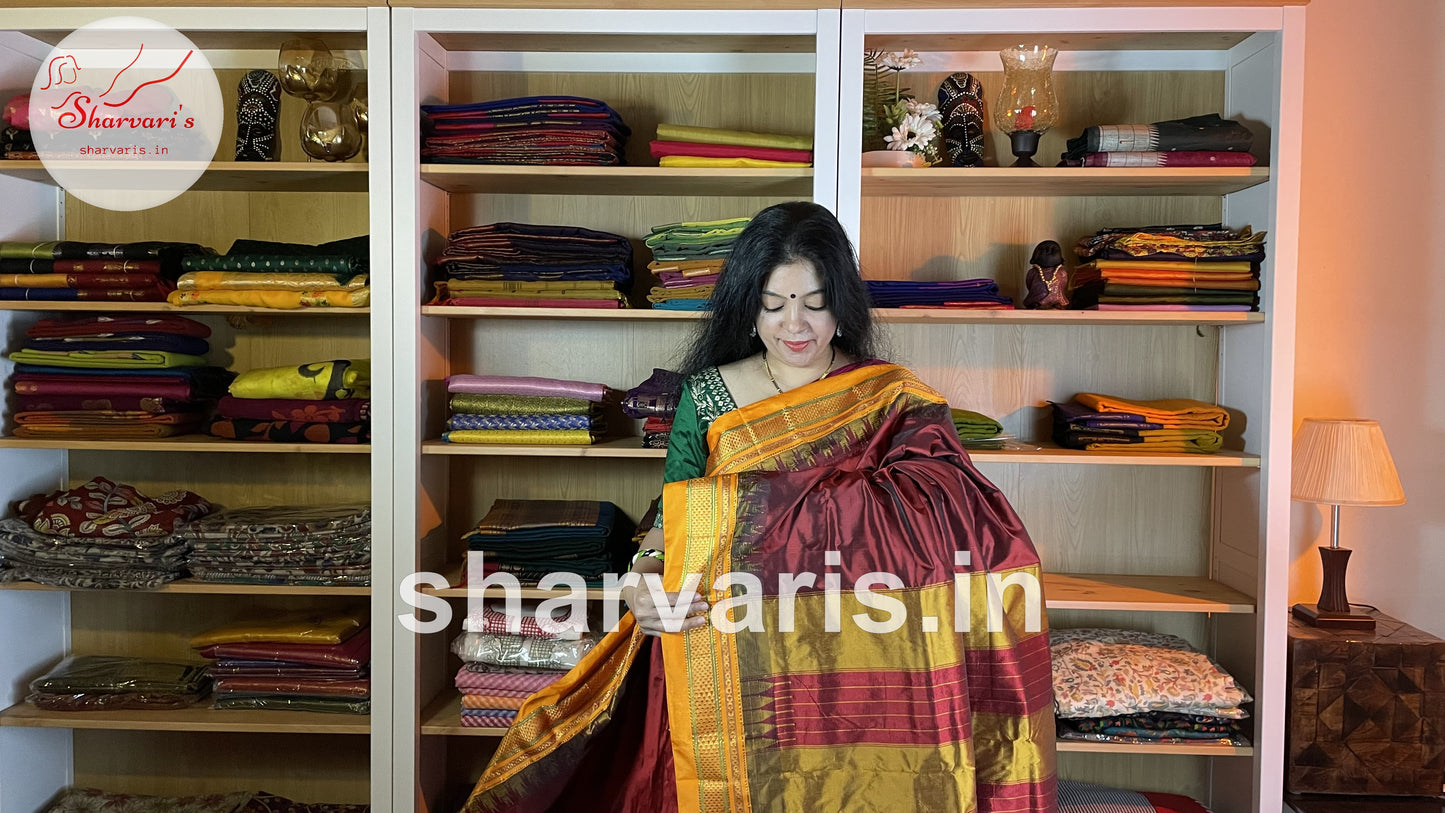 Maroon and Yellow Pure Gadwal Silk Saree