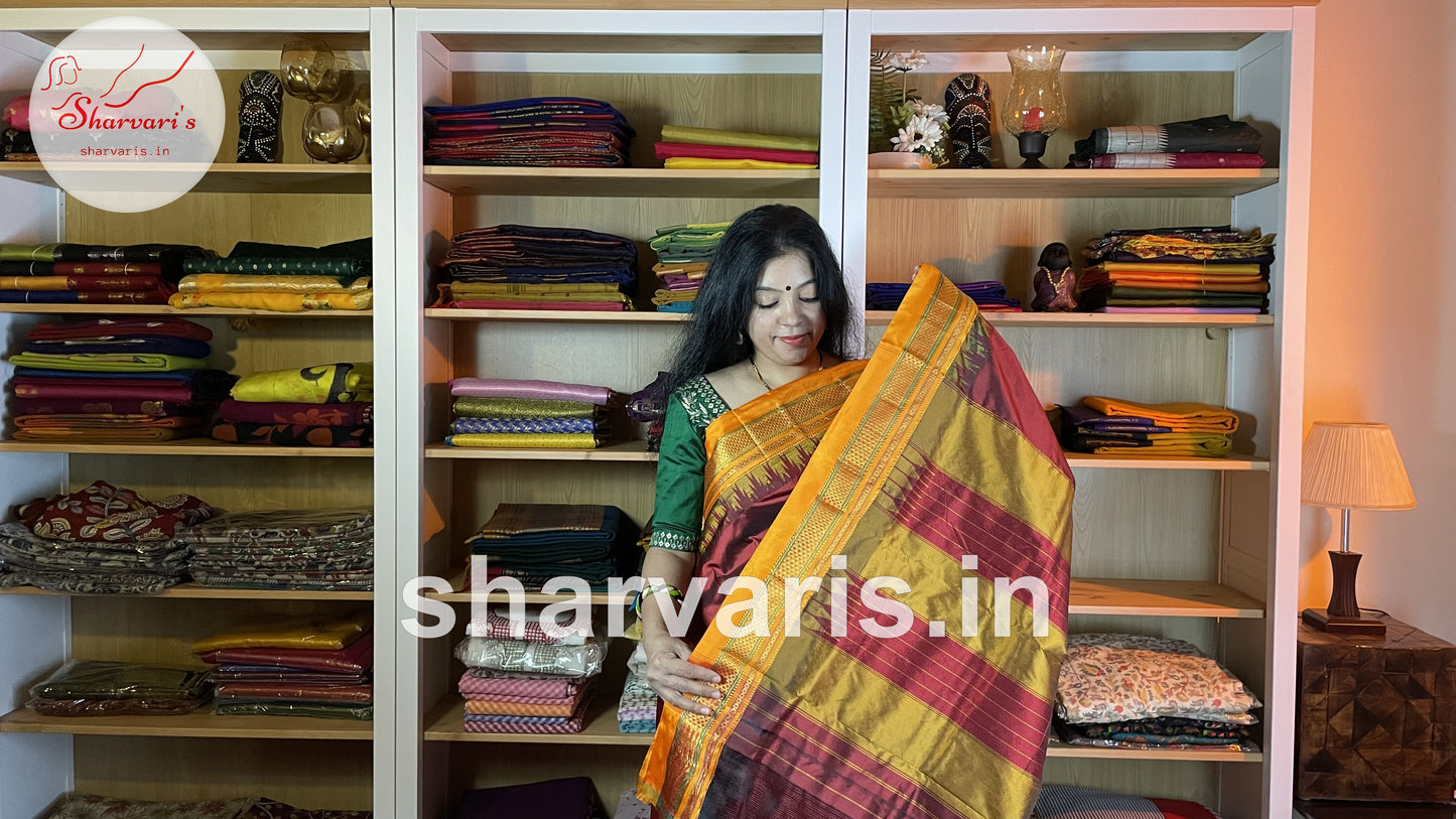 Maroon and Yellow Pure Gadwal Silk Saree