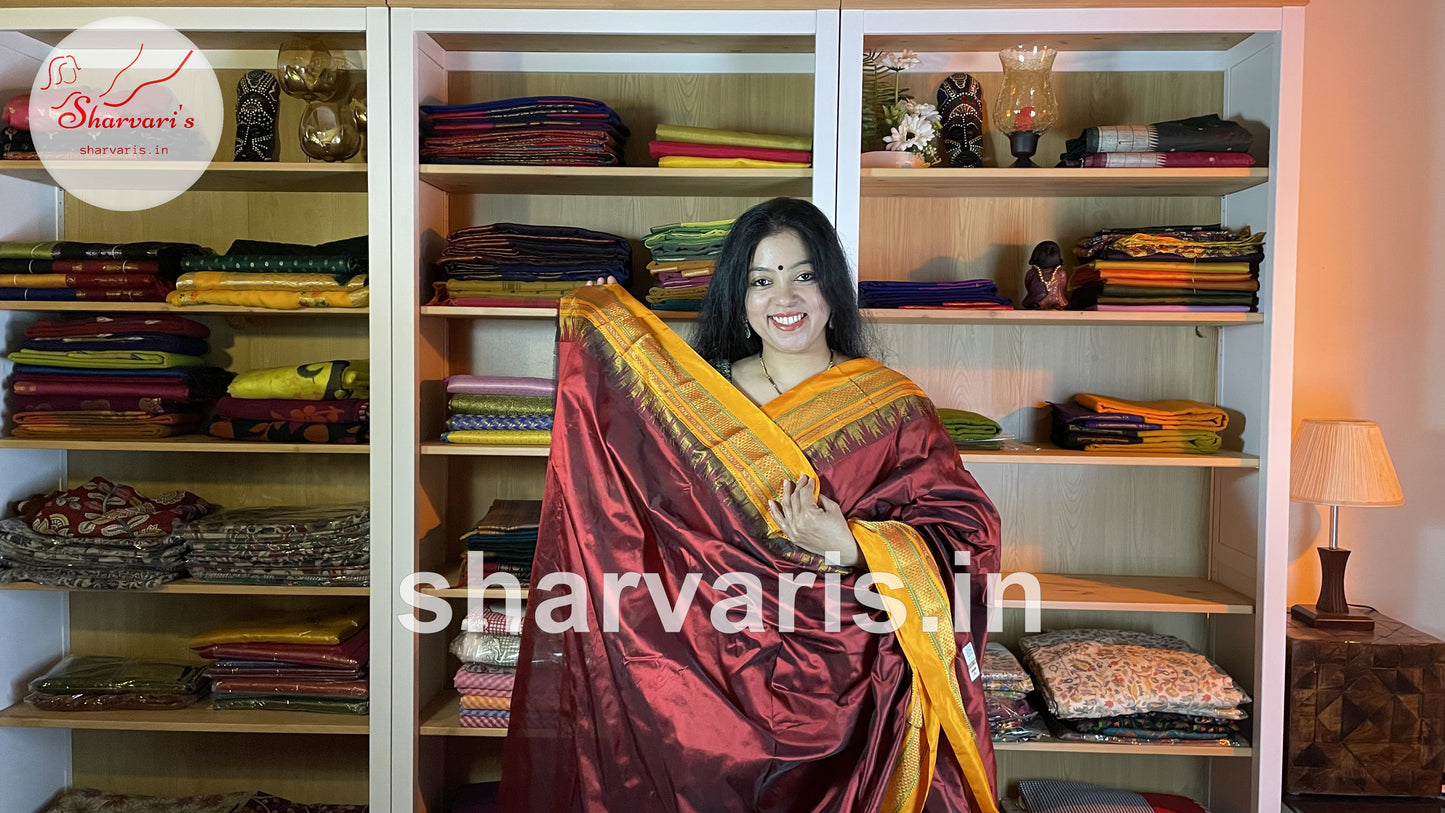 Maroon and Yellow Pure Gadwal Silk Saree