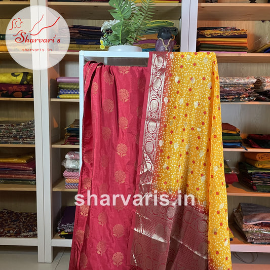 Red Chanderi Silk Designer Semi-stitched Dress Material with Bandhej-Banarasi Dupatta