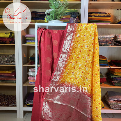 Red Chanderi Silk Designer Semi-stitched Dress Material with Bandhej-Banarasi Dupatta