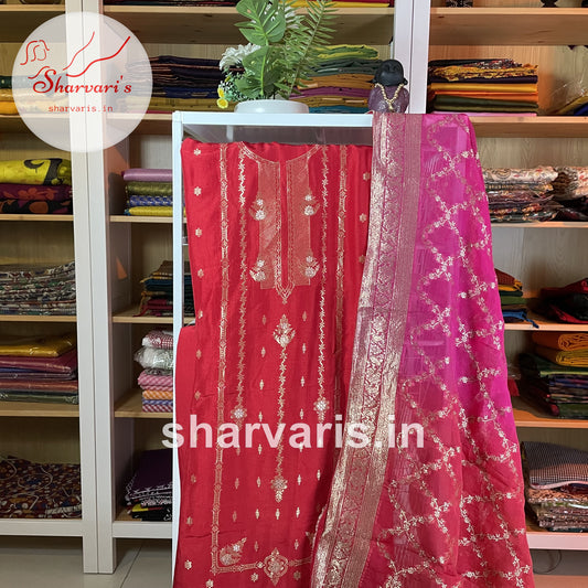 Red Chanderi Silk Designer Semi-stitched Dress Material with Banarasi Dupatta