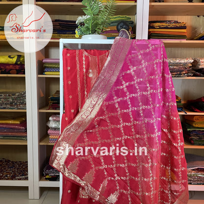 Red Chanderi Silk Designer Semi-stitched Dress Material with Banarasi Dupatta