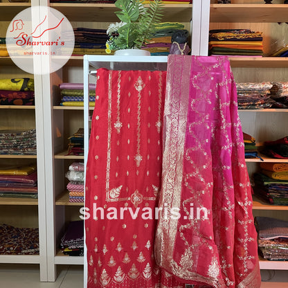 Red Chanderi Silk Designer Semi-stitched Dress Material with Banarasi Dupatta