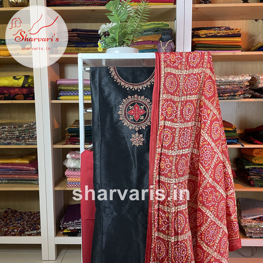 Black and Red Art Silk Applique work Designer Dress Material with Crush Bandini Dupatta