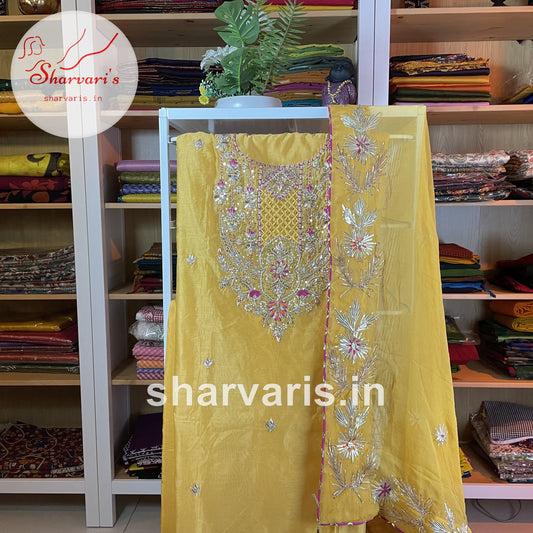 Yellow Designer Dress Material with Gota Patti Work and Chiffon Dupatta