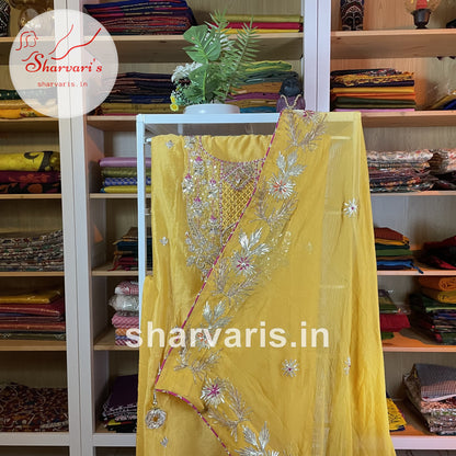 Yellow Designer Dress Material with Gota Patti Work and Chiffon Dupatta