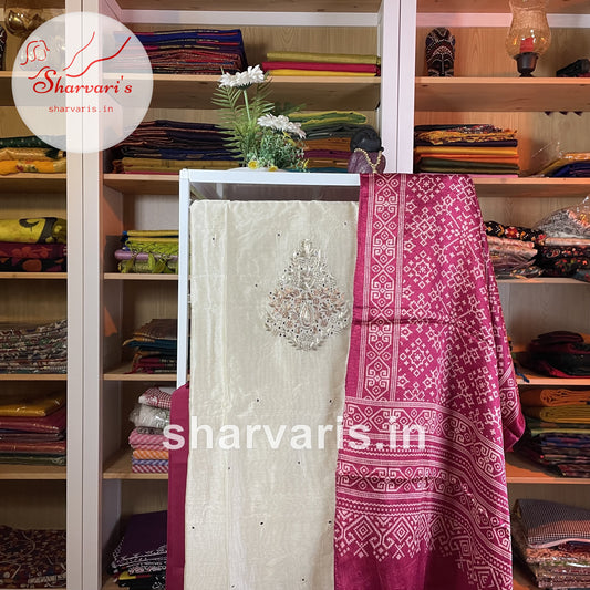 Beige Chanderi Silk Designer Dress Material with Mashru Silk Stole