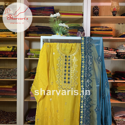 Canary Yellow Chinon Silk Designer Dress Material with Blue Dupatta
