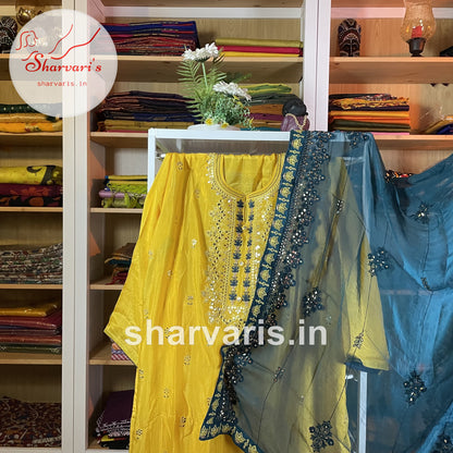 Canary Yellow Chinon Silk Designer Dress Material with Blue Dupatta