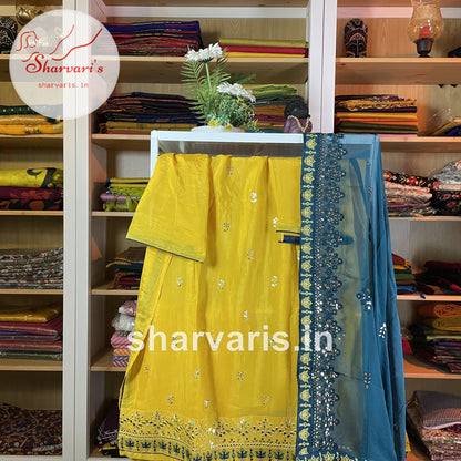 Canary Yellow Chinon Silk Designer Dress Material with Blue Dupatta