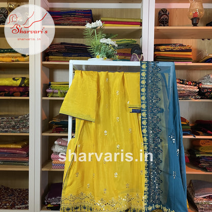 Canary Yellow Chinon Silk Designer Dress Material with Blue Dupatta