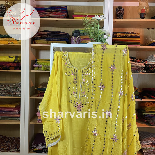 Lime Yellow Sharara Semi-stitched Chinon Silk Suit with Gota Patti Work Dupatta