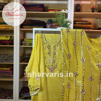 Lime Yellow Sharara Semi-stitched Chinon Silk Suit with Gota Patti Work Dupatta