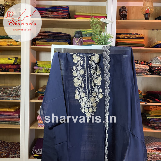 Navy Blue Organza Designer Semi-stitched Dress Material with Shantung Silk Lining and Salwar