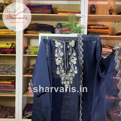 Navy Blue Organza Designer Semi-stitched Dress Material with Shantung Silk Lining and Salwar