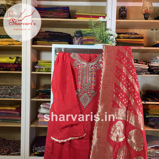 Red Chinon Silk Designer Semi-stitched Suit with Sequins and Banarasi Dupatta