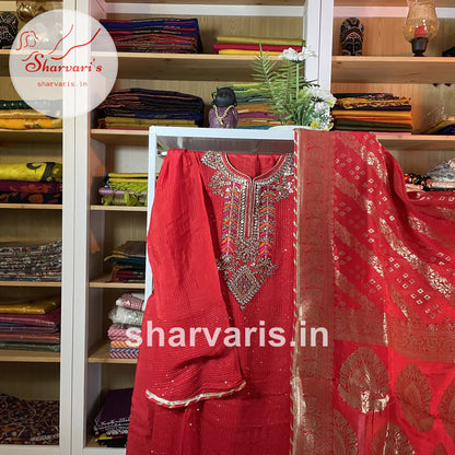 Red Chinon Silk Designer Semi-stitched Suit with Sequins and Banarasi Dupatta