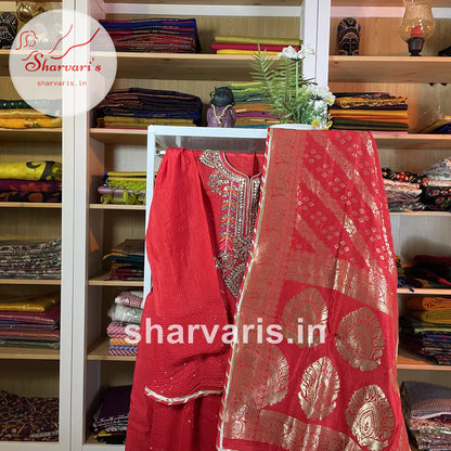 Red Chinon Silk Designer Semi-stitched Suit with Sequins and Banarasi Dupatta