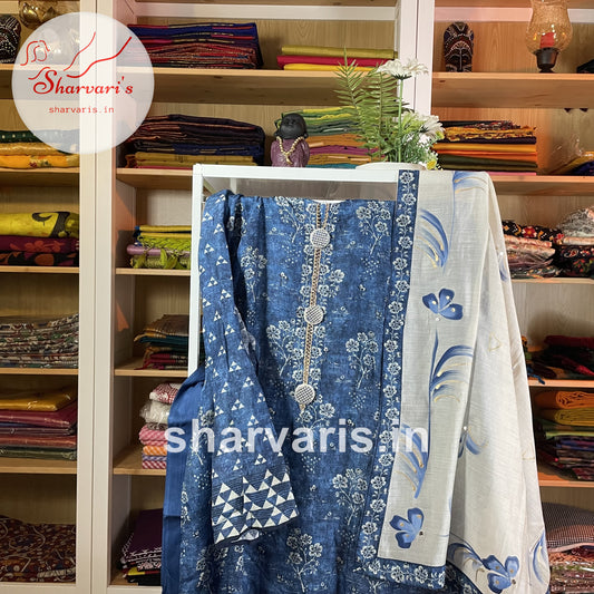Sapphire Blue Soft Muslin Silk Semi-stitched Suit with Printed Dupatta