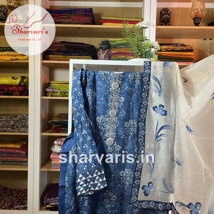 Sapphire Blue Soft Muslin Silk Semi-stitched Suit with Printed Dupatta