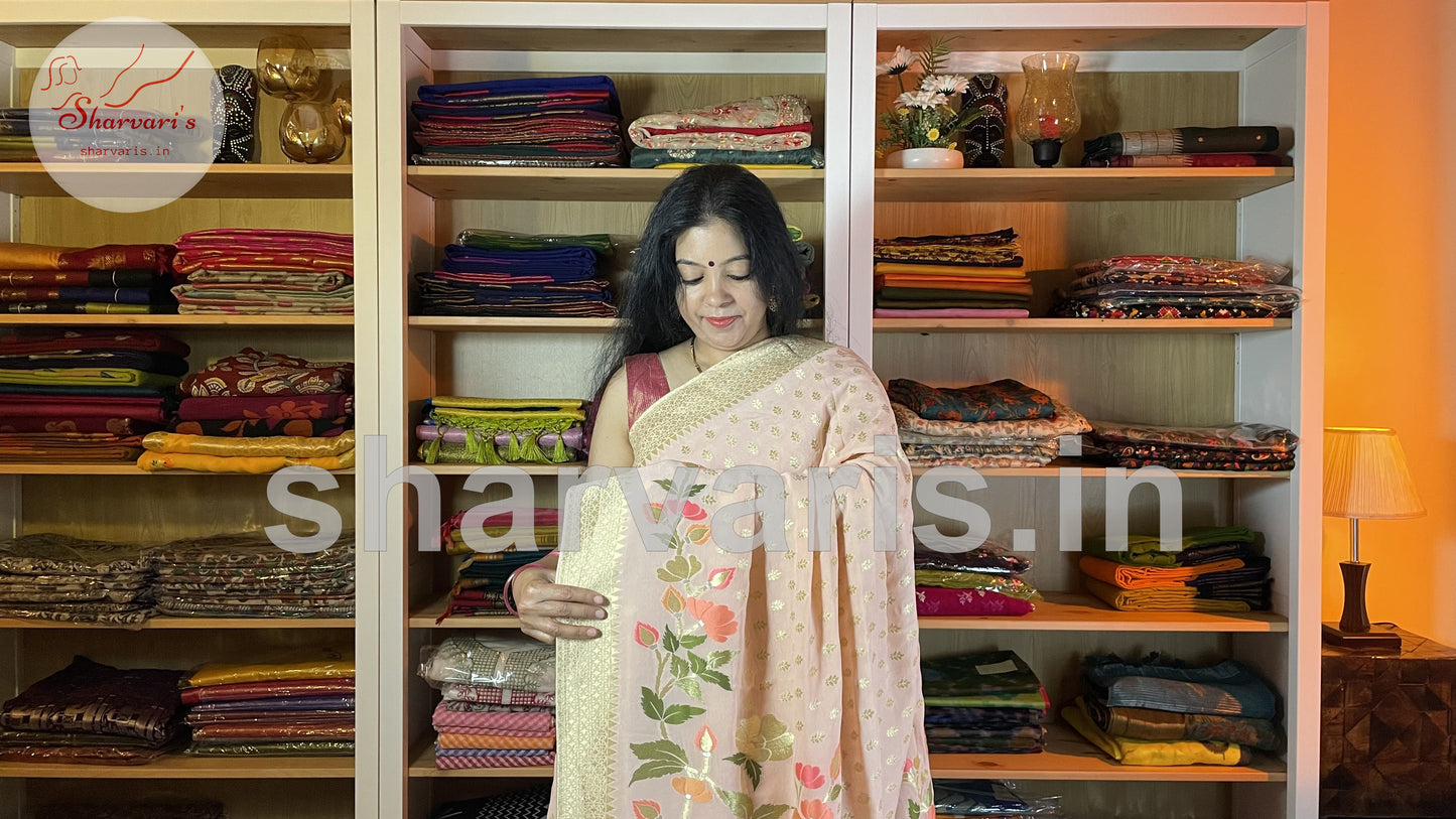 Pastel Peach Banarasi Khaddi Georgette Sari with Minakari Weaving