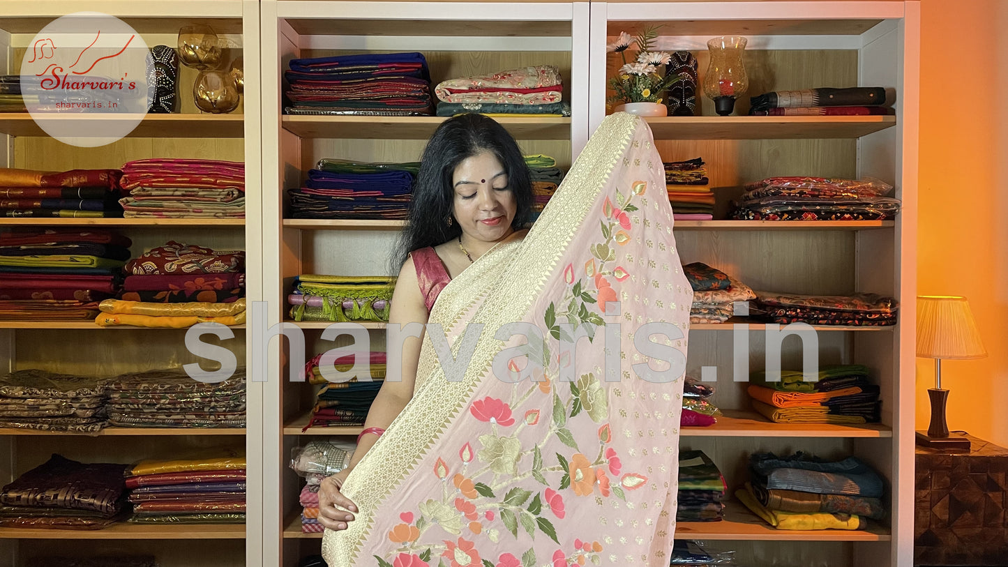 Pastel Peach Banarasi Khaddi Georgette Sari with Minakari Weaving