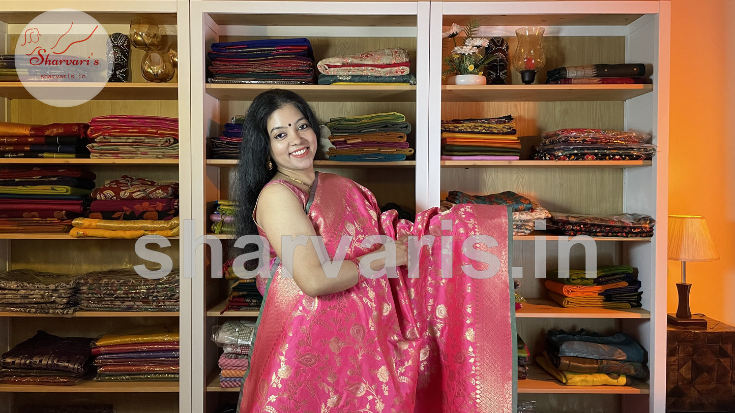 Pink Banarasi Moonga Silk Saree with Minakari Jaal Weaving