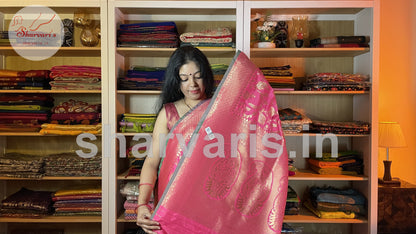 Pink Banarasi Moonga Silk Saree with Minakari Jaal Weaving