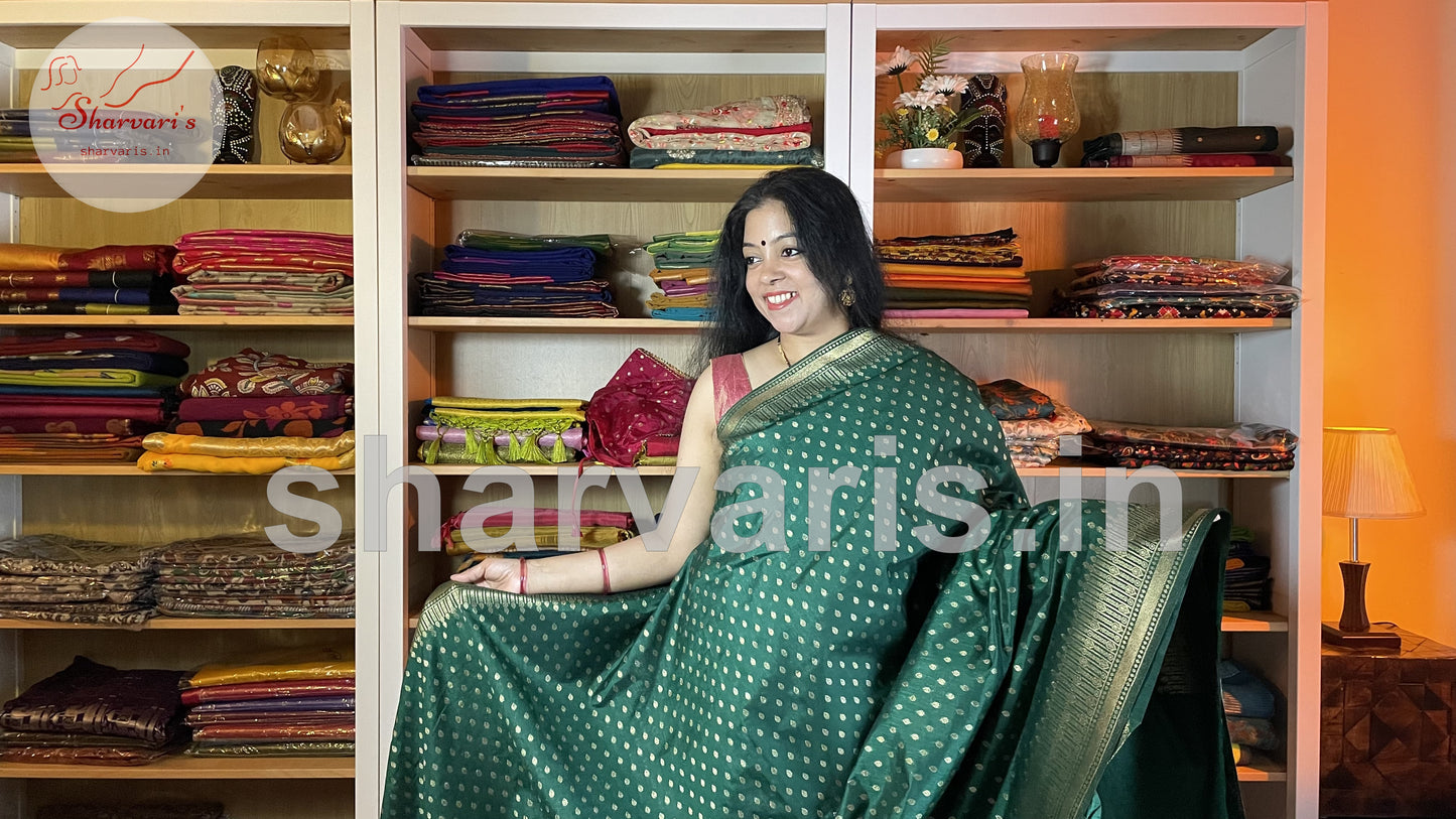 Bottle Green Banarasi Saree with Gold Zari Buttas