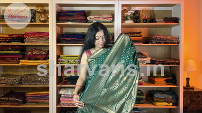 Bottle Green Banarasi Saree with Gold Zari Buttas