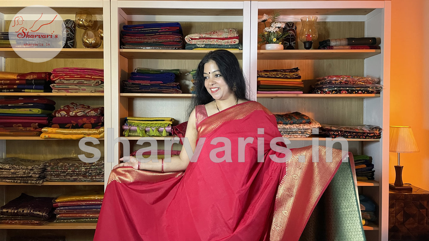 Crimson Red Banarasi Silk Saree with rich Zari borders and Pallu