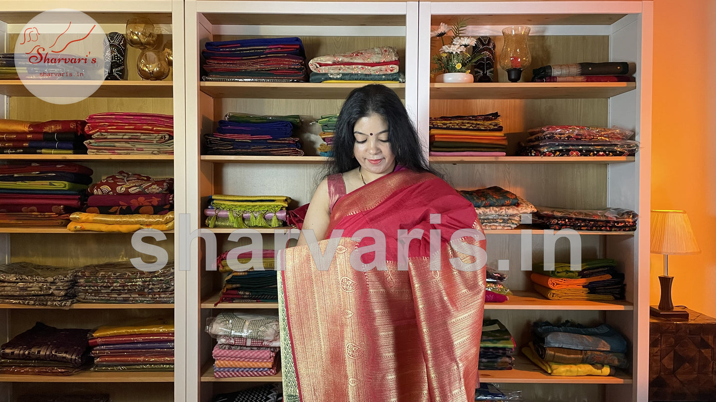 Crimson Red Banarasi Silk Saree with rich Zari borders and Pallu