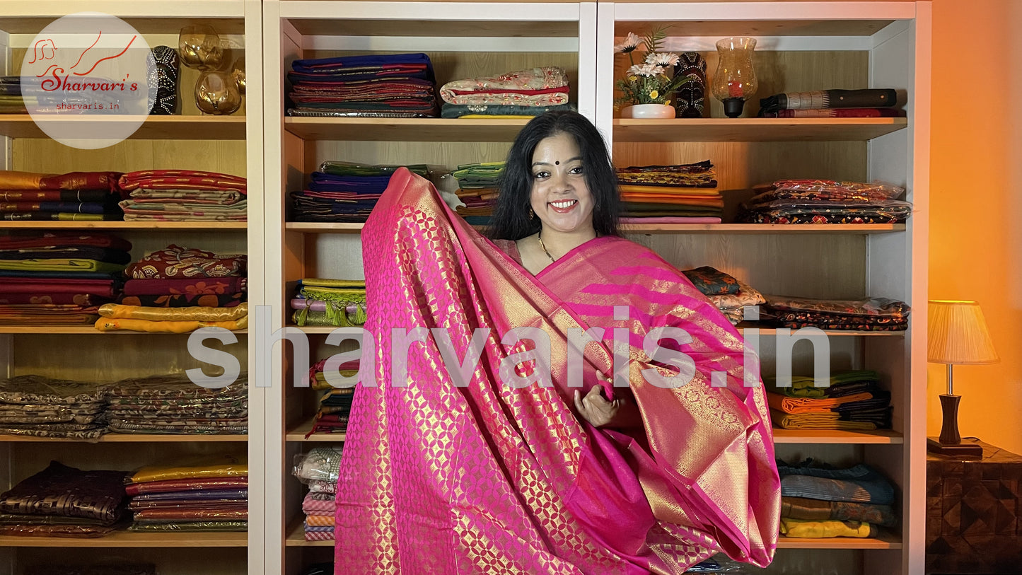 Fuchsia Pink Banarasi Maheshwari Blend Saree with Gold Leheriyas