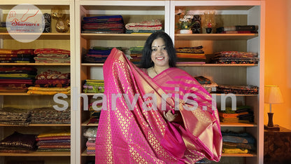 Fuchsia Pink Banarasi Maheshwari Blend Saree with Gold Leheriyas